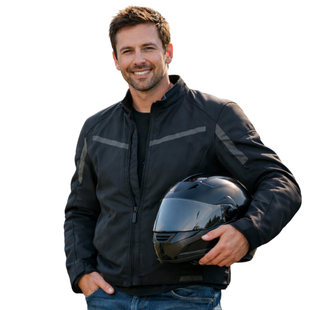 Man met motorhelm onder zijn arm