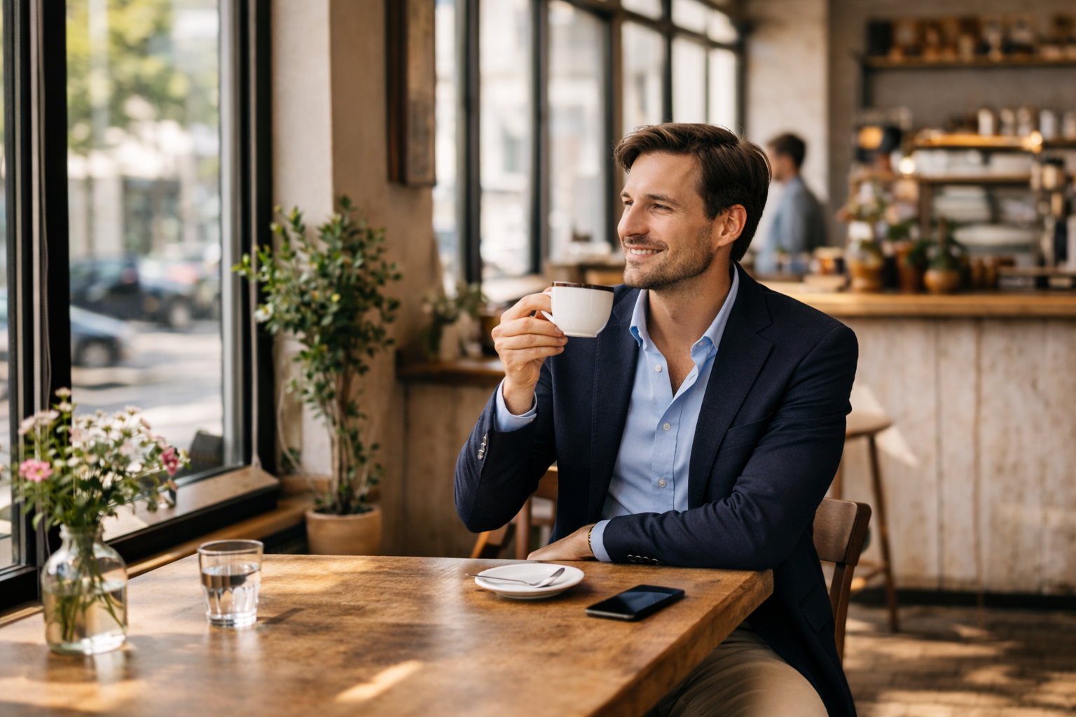 Man geniet van zijn koffie in een koffietent